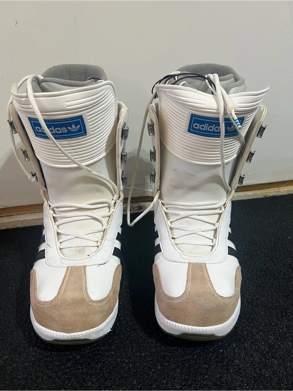 adidas White and Black Samba Snowboard Boots with Tan Accents